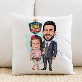Resim Şirin Kız ve Babası Karikatürlü Yastık 