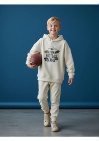 Resim Zekids Erkek Çocuk Sırt Baskılı Football League Yazılı Kapüşonlu Sweatshirt-16639 Ekru 