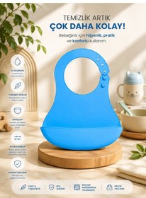 Resim Silikon Mama Önlüğü Su Geçirmez Ayarlanabilir Bebek Önlüğü Bpa İçermeyen Geniş Cepli Beslenme Önlüğü Mavi 