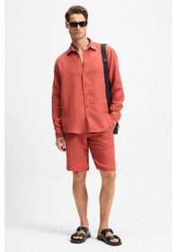 Resim Grimelange Raımo Erkek %100 Pamuklu Müslin Kumaş Manşetli Uzun Kol Comfort Fit Kiremit Rengi Gömlek 