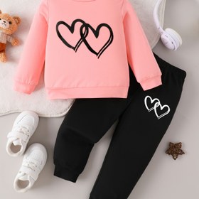 Resim Kızlar için 2 parça Bahar/Sonbahar Kıyafeti Seti, Kalp Desenli ve Eşleşen Pantolonlu Rahat Yaka Uzun Kollu Üst, Polyester %95 Spandex %5 Örgü Kumaş, Düzenli Kesim - Pembe ve Siyah, Dış Mekanlar için 