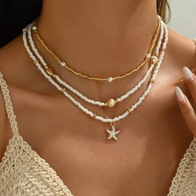 Resim 3 Parça/Set Yaz Çekiciliği Denizyıldızı ve Kabuk Kolye, Bohem Tarzı Çok Katmanlı Boncuklu Kolyeler, Kadınlar için Seksi Çok Yönlü Takı Partiler ve Tatil Aksesuarları 