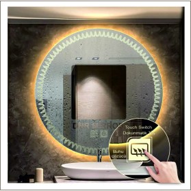 Resim Dnr-Mirror60 Cm Günışığı Ledli Tasarım Kumlamalı Dokunmatik Tuşlu Buğu Önleyicili Banyo Aynası Makyaj Aynası 