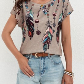 Resim Kadınlar İçin Casual Batwing Kollu Kısa Kollu Tişört - Çok Renkli Desen, Bej, Orta Esneklikte Yuvarlak Yaka Yazlık Üst, Makinede Yıkanabilir, Şık Kısa Kollu Gömlek, Bohem Tarzı, Yumuşak Dokuma Kumaş, Rahat Kesim, Bol Kesim, Trendy Üst 
