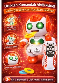 Resim Uzaktan Kumandalı Disk Atan Akıllı Oyuncak Robot Işıklı Müzikli Dansçı Robot - Turuncu 