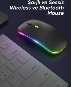 Resim Ekru Cep Kablosuz Wireless 2.4g Bluetooth Sessiz Mouse Şarj Edilebilir Rgb Renkli Ergonomik Tasarımlı 