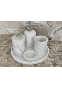 Resim Beyaz Gri Damarlı Mermer Kelebek Gümüş Rengi Aksesuarlı 5'li Banyo Seti Beyaz 