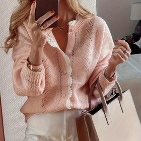 Resim Kadınların Zarif Dantel Detaylı Hırka - Uzun Kollu Açık Önü Yuvarlak Yaka, Sonbahar Kış İçin Bol Kesim, Rahat ve Resmi Kıyafetler İçin Şık Katman Parçası, Dantel Hırka, Kış Giyimleri, Sophistike Stil, Zarif El Sanatları 