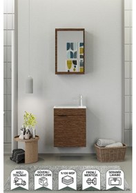 Resim Biani Fix Loft 50 Cm Banyo Dolabı,Seramik Lavabolu, Aynalı,Lavabo Dahil,Mdf,Aybe Kahve 