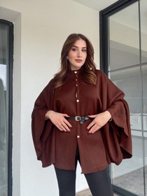 Resim Kemerli düğmeli panço-KAHVERENGİ - STD 
