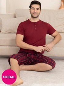 Resim Guava Erkek Bisiklet Yaka 3 Düğmeli Ekose Desen Modal Kısa Kol Cepli Kapri Pijama Takımı Bordo 