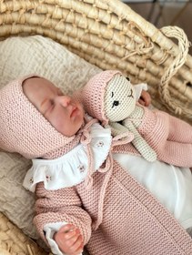 Resim Önden Bağlamalı El Örgüsü Bebek Hırka Şapka Seti - 3-6 ay / Mavi 