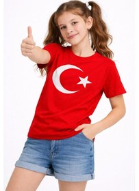Resim Barlashive Kız Çocuk Tişört Bisiklet Yaka Ay Yıldız Bayrak Baskılı T-shirt - Kırmızı Çok Renkli 