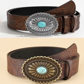 Resim Kadınlar için Retro Batı Concho Kemer, Türküze Fermuarlı Suni Deri, Noktalı Oyma Tasarımı, Günlük, Parti, Düğün, Plaj için Çok Yönlü - Rahat ve Festif Aksesuar 