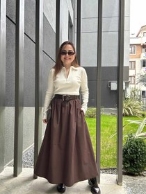 Resim Premium kemerli poplin etek - Kahverengi / Medium 
