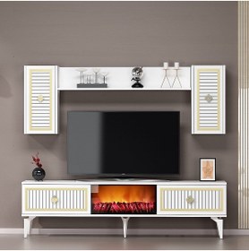 Resim cantek dizayn Flame Şömineli Tv Ünitesi Takımı Beyaz-altın 