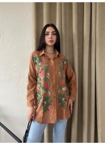 Resim Nakışlı Sarmaşık Desenli Keten Kadın Gömlek 001 