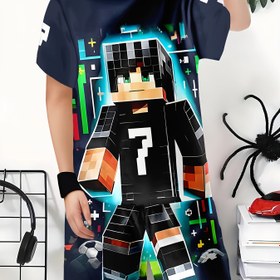 Resim Erkek Çocukları İçin Moda 3D Baskılı Rahat Kazak Kısa Kollu Şort T Süveteri, Erkek Çocukları Dış Mekan Tişört Şort Takımı 