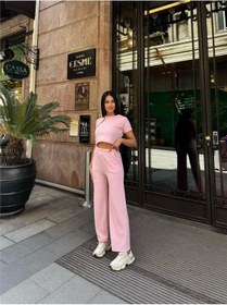 Resim WeShaya Pembe Modal Keten Dokulu Bisiklet Yaka Takım Pembe 