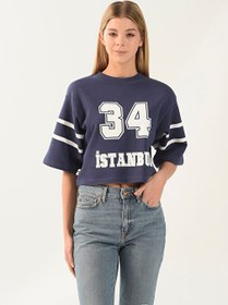 Resim Denim Trip Bisiklet Yaka Baskılı Lacivert Kadın Sweatshırt DT10055-1 LACİVERT 