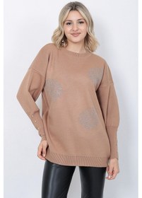 Resim Kadın Triko Kazak Bisiklet Yaka Yaprak Desenli Kolu Taşlı Oversize Vizon 