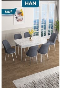 Resim Canisa Han Serisi, 70x114 Açılabilir Mdf Masa Takımı, Beyaz Mermer Desen Masa Ve 6 Füme Sandalye Masa Beyaz Mermer Desen Sandalyeler Füme 