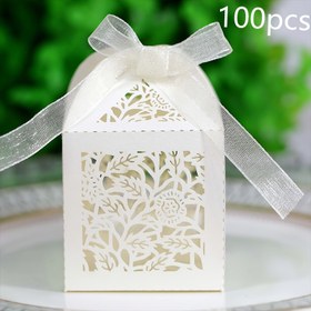 Resim 100 Adet Lazer Kesim Oymalı Yaprak Şekilli Çikolata Kutusu, Kurdeleli Düğün Partisi veya Doğum Günü Partisi İçin Şeker Kutuları, 100 Adet, Bej Renk, Noel ve Cadılar Bayramı 