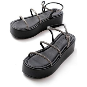 Resim 861-1008 Siyah Platin Taşlı Dolgu Topuklu Kadın Sandalet Altın - Taba 