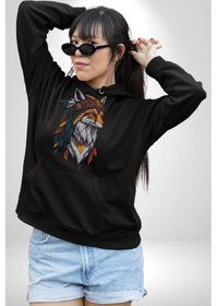 Resim Kızılderili Tilki Kadın Erkek Siyah Kapüşonlu Sweatshirt Hoodie Siyah 