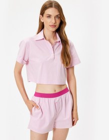 Resim Koton Polo Yaka Crop Pijama Üstü Kısa Kollu Düğmeli Pamuklu Pembe 4slk50076mw Açık Pembe 