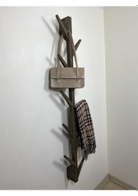 Resim Doğal Ahşap Vestiyer, Dekoratif 10 Askılı Portmanto, Ceviz 