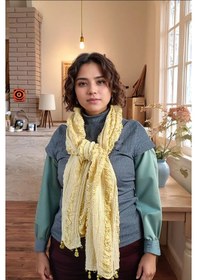 Resim El Dokuması Sarı İpek Şal - Gofreli - Ödemiş İpeği 