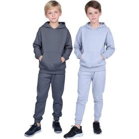 Resim Fyk Kids 2'li Kanguru Cepli Kapüşonlu Düz Baskısız Erkek Çocuk Eşofman Takımı Füme - Gri 
