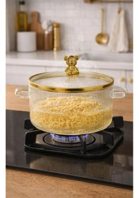Resim Ayıcık Detaylı Isıya Dayanıklı Borasilikat Cam Tencere 2000 Ml Gold 