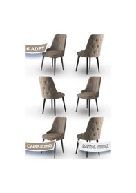 Resim Canisa Newa Serisi,1.sınıf Babyface Kumaş Siyah Metal Ayak Gold Halkalı, 6 Adet Cappucino Sandalye Sandalye Cappucıno Ayakları Siyah 