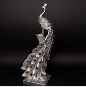 Resim Gümüş Kristal Kuyruklu Tavuskuşu Dekor Heykel 50x22 Cm 