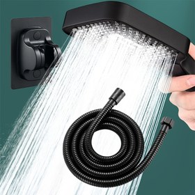 Resim Yağmur Yeniden Keşfedildi, Evernight Siyah Kare Yüksek Basınçlı Duş Başlığı Seti Duvar Montaj Braketi & 3.81cm Şifreli Hortum - Cilalı Bitiş, Yağmur Deneyimi 