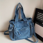 Resim Kadın Premium Denim Tote Çantası | Büyük Kapasite | Çok Yönlü Omuz ve Çapraz Çanta | Fermuar Kapatma | Ayarlanabilir Askı | İş, Okul, Günlük Yolculuk için Dayanıklı ve Şık | Çoklu Renkler (Siyah/Mavi) 