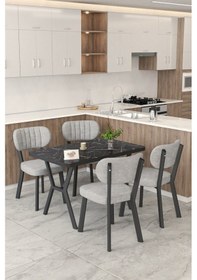 Resim Gnr 70x110cm Sabit Siyah Mutfak Masası Takımı, Yemek Masası, 4 Modern Gri Sandalye Gri 