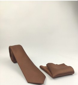 Resim Demfashion Özel Desenli Kravat Mendil Seti Kahverengi 