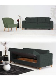 Resim Nola Koltuk Takımı 3+1 & Bazalı Yataklı Koltuk & Kanepe - Keten Yeşil-koyu Yeşil 