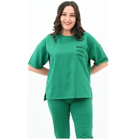 Resim Kadın Yırtık Cep Detaylı Kısa Kollu Büyük Beden Kapri Eşofman Takım 8010-23 001 