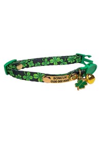 Resim Sabit Künyeli İsimli Kedi Tasması, Güvenlik Kilitli Kedi Tasması, İsimli Kedi Tasması Zımbalı Model Yonca Desenli 