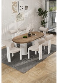 Resim Avvio Lizy Bohem Ayak 6'lı Metal Pofi Demonte Sandalye 80x160 Masa Sandalye Takımı Akça Masa Sandalye Beyaz Kumaş Krem 