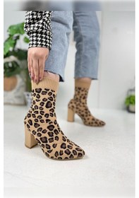 Resim Günlük Kadın Streç Triko Kalın Yüksek Topuklu Bot Bootie Çorap Şeritli Sivri Burun Ayakkabı 167 Leopar 