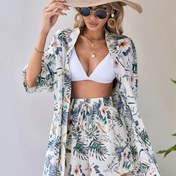 Resim Kadınlar için Tropikal Baskılı Yaz Plaj Takımı - Kısa Kollu Üst ve Bağcıklı Şort, Bağcılık Detayı, Hafif Polyester, Rahat Stil, Tüm Mevsim Giyim, Rahat Kıyafet|Tropikal Baskılı Üst|Polyester Kumaş 