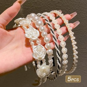 Resim 5 adet Şık Siyah ve Beyaz İnci Başlık Bandı Çiçekli Reçine Detayları ile - Tatlı Tarz, 304 Paslanmaz Çelik, Kızların Günlük Giyiminde İdeal, Tüm Mevsimler için Çok Yönlü Saç Aksesuarları, İnci Başlık Bandı 