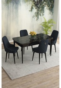 Resim Meri Serisi 80x132 Açılabilir Mdf Siyah Mermer Desen Masa Takımı 4 Lacivert Sandalye Antrasit 