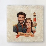 Resim Deniz Feneri ve Aşkımız Karikatürlü Taş Bardak Altlığı 