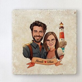 Resim Deniz Feneri ve Aşkımız Karikatürlü Taş Bardak Altlığı 